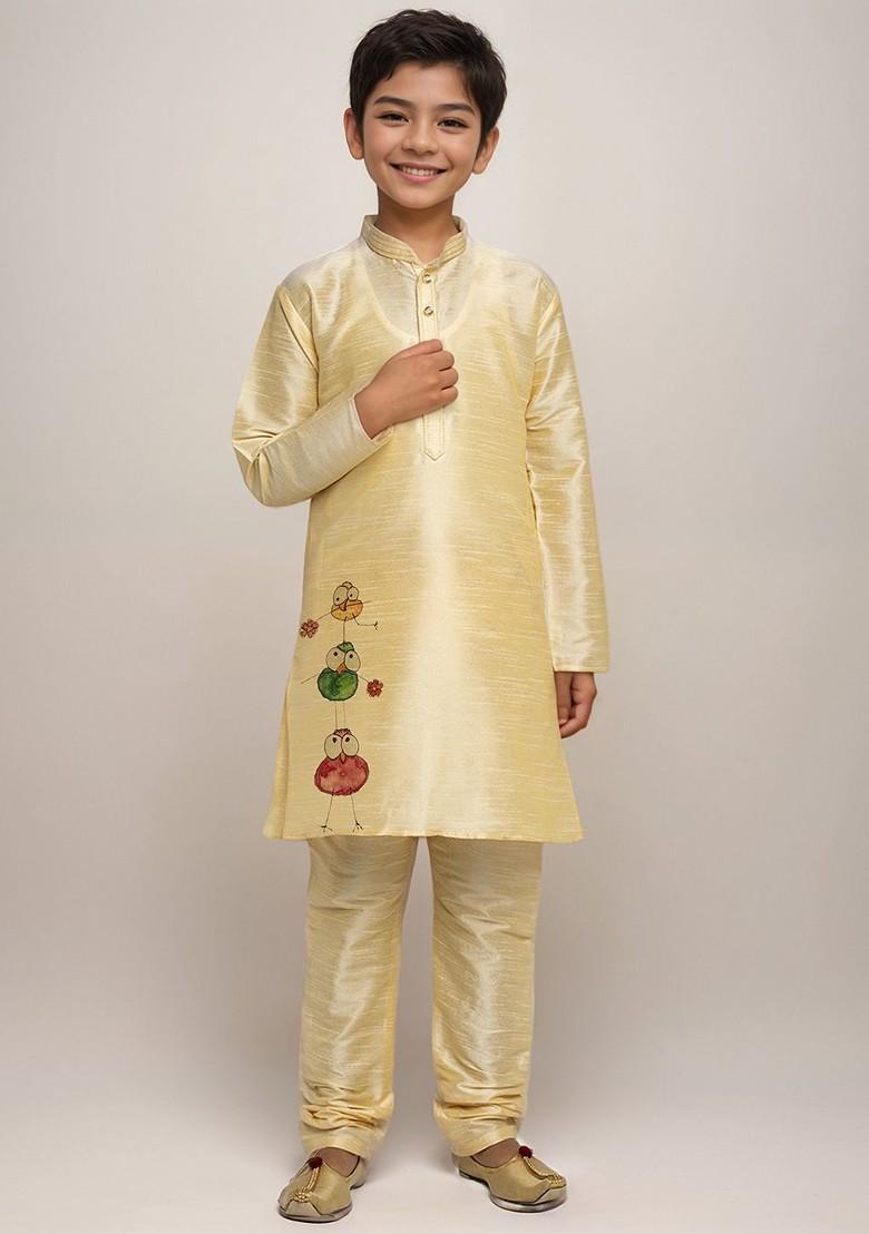 Beige Printed Blended Kurta Set For Boys - Indya