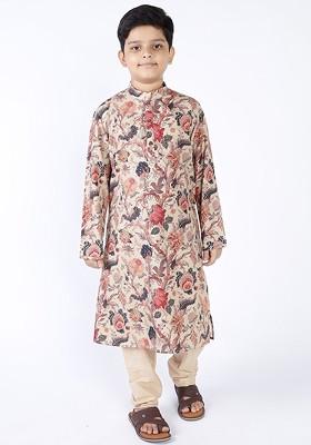 Beige Printed Cotton Kurta Set For Boys