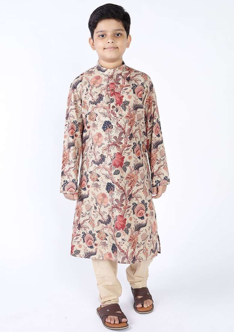 Beige Printed Cotton Kurta Set For Boys - Indya