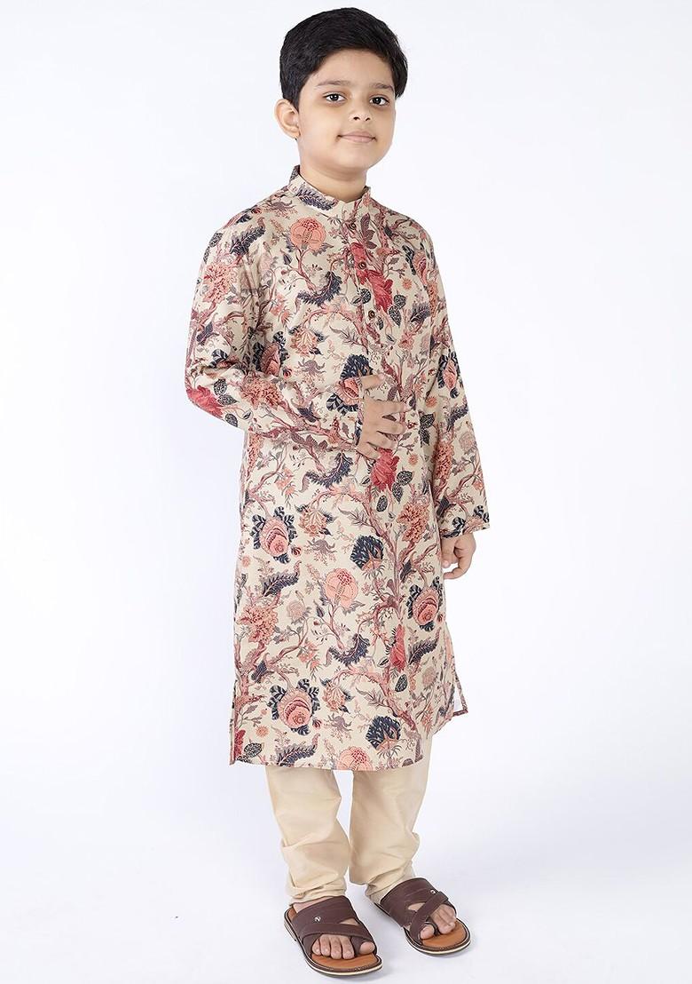 Beige Printed Cotton Kurta Set For Boys - Indya