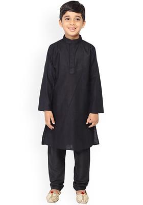 Black Embroidered Cotton Kurta Set For Boys
