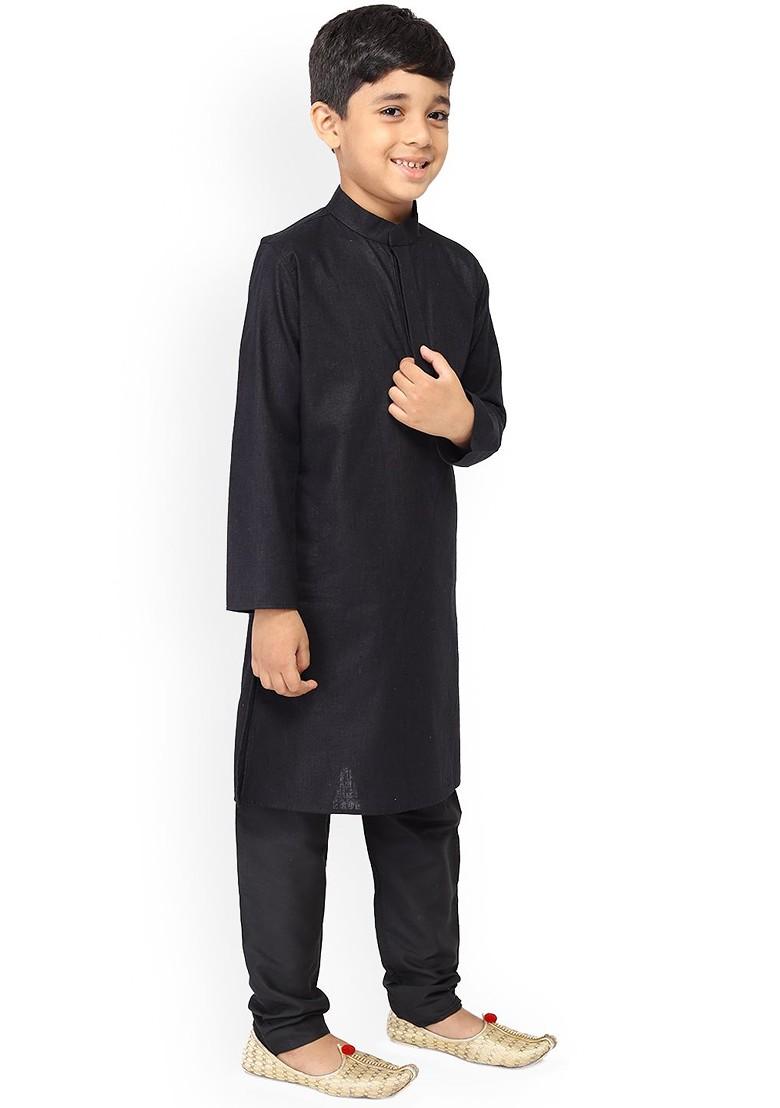 Black Embroidered Cotton Kurta Set For Boys - Indya