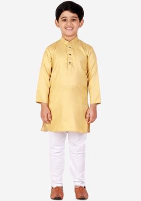 Cream Embroidered Blended Kurta Set For Boys