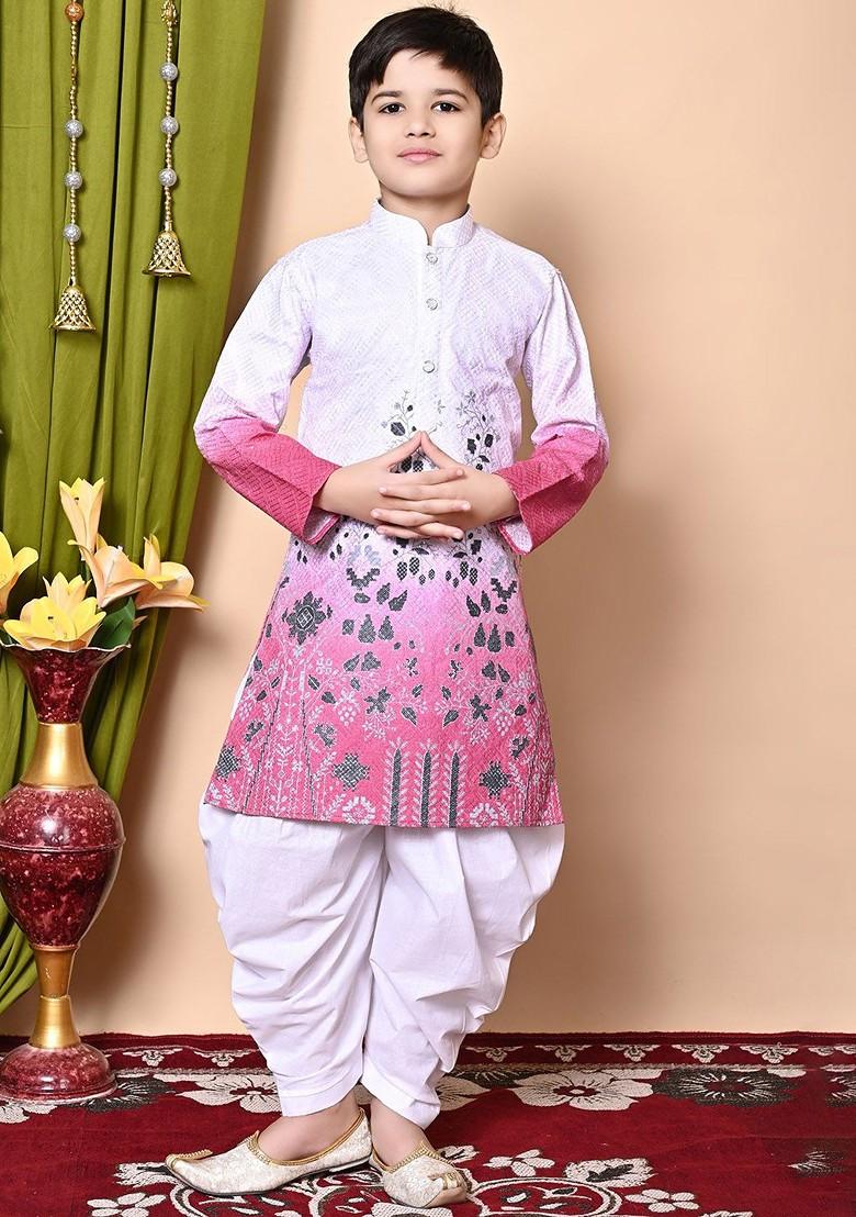 White Embroidered Blended Kurta Set For Boys - Indya