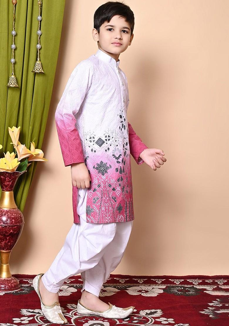 White Embroidered Blended Kurta Set For Boys - Indya