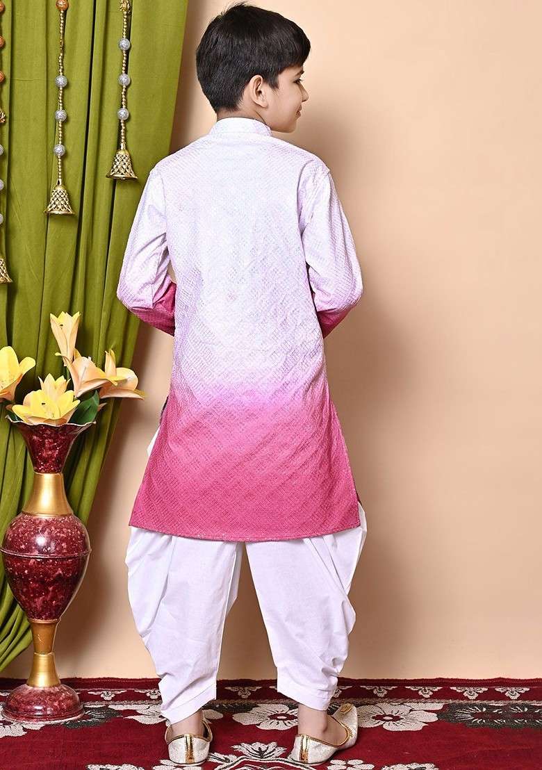 White Embroidered Blended Kurta Set For Boys - Indya