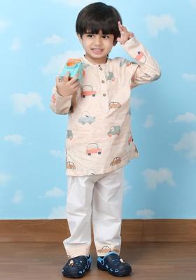 Brown Printed Cotton Kurta Set For Boys