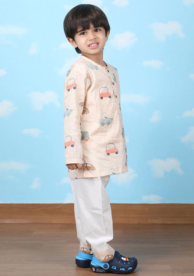 Brown Printed Cotton Kurta Set For Boys - Indya