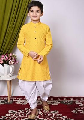 Yellow Embroidered Blended Kurta Set For Boys