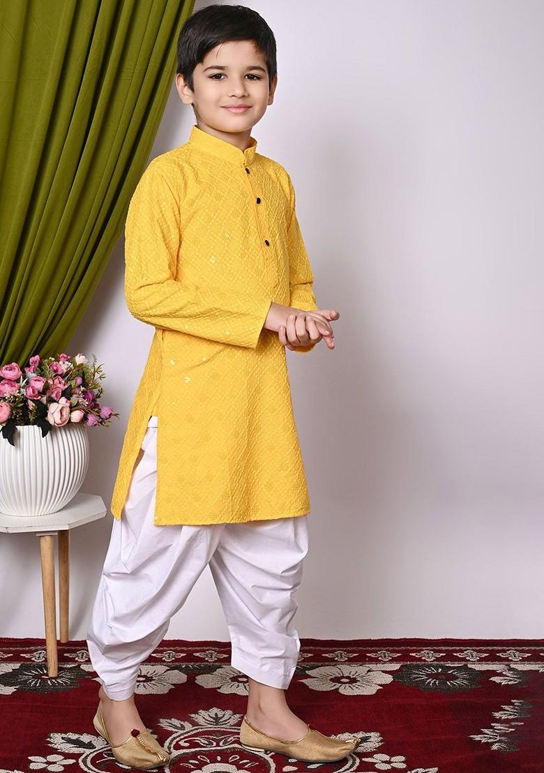 Yellow Embroidered Blended Kurta Set For Boys - Indya