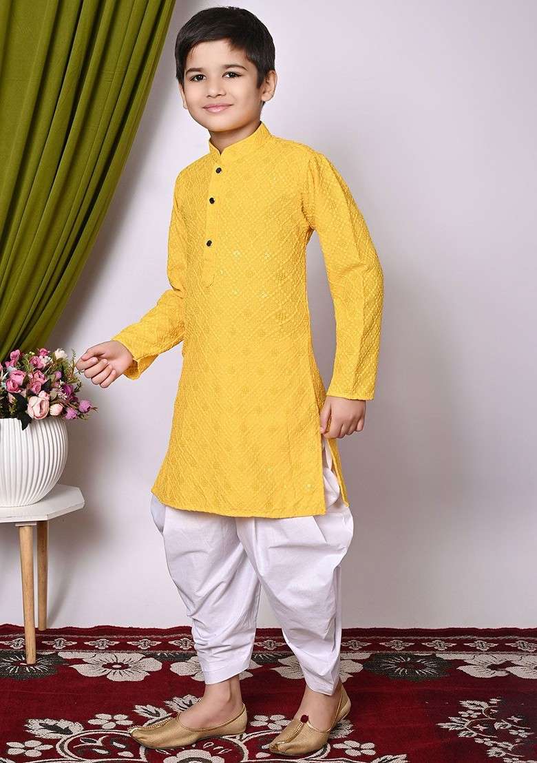 Yellow Embroidered Blended Kurta Set For Boys - Indya