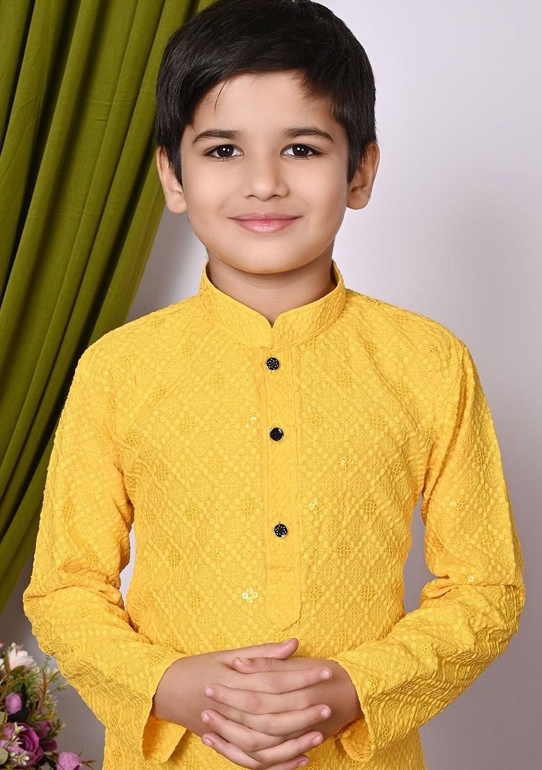 Yellow Embroidered Blended Kurta Set For Boys - Indya