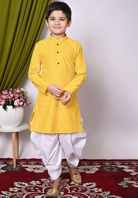 Yellow Embroidered Blended Kurta Set For Boys