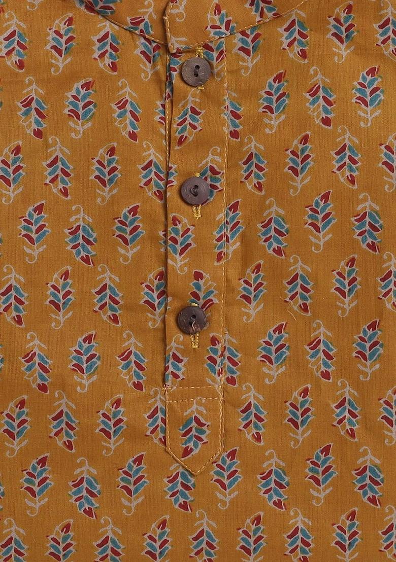 Mustard Printed Cotton Kurta Set For Boys - Indya