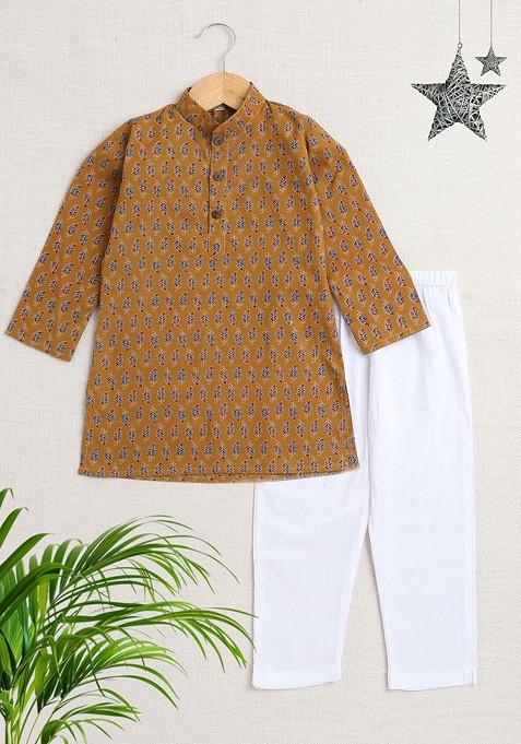 Mustard Printed Cotton Kurta Set For Boys