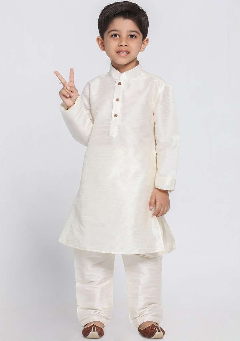 Cream Embroidered Silk Kurta Set For Boys - Indya