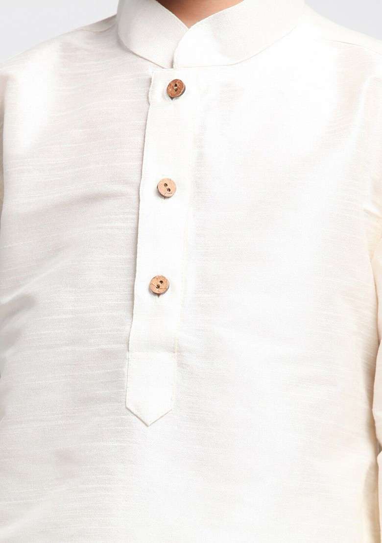 Cream Embroidered Silk Kurta Set For Boys - Indya