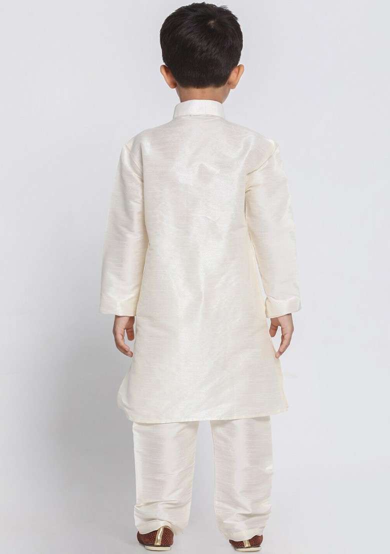 Cream Embroidered Silk Kurta Set For Boys - Indya