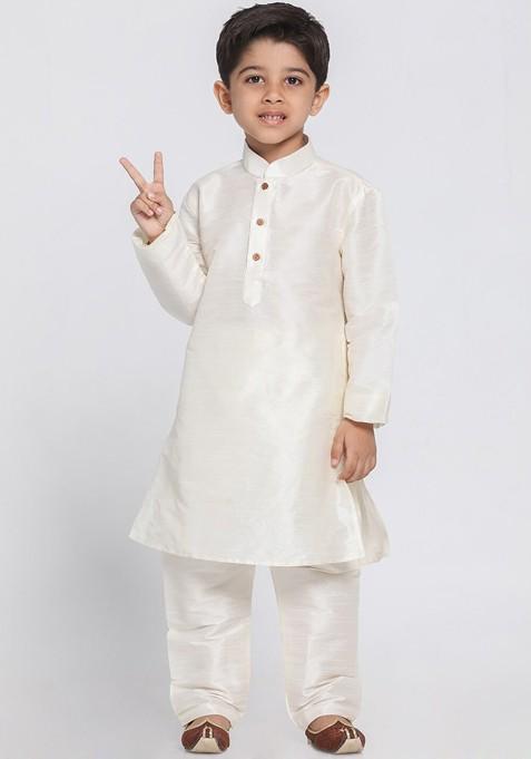 Cream Embroidered Silk Kurta Set For Boys — view on Indya