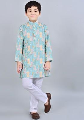 Turquoise Blue Printed Blended Kurta Set For Boys