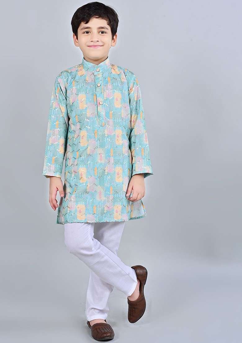 Turquoise Blue Printed Blended Kurta Set For Boys - Indya