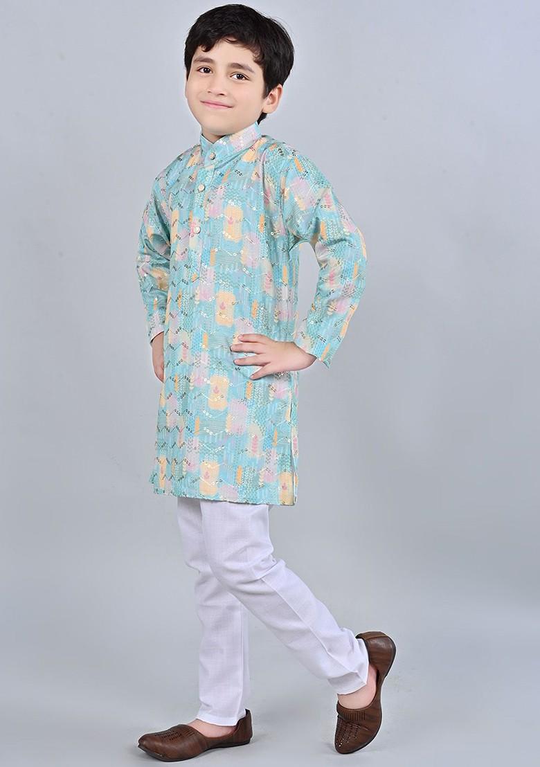 Turquoise Blue Printed Blended Kurta Set For Boys - Indya