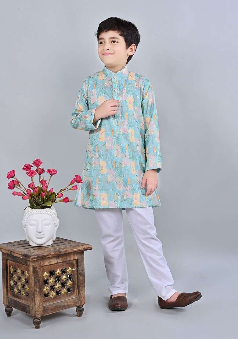 Turquoise Blue Printed Blended Kurta Set For Boys - Indya