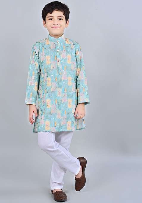 Turquoise Blue Printed Blended Kurta Set For Boys