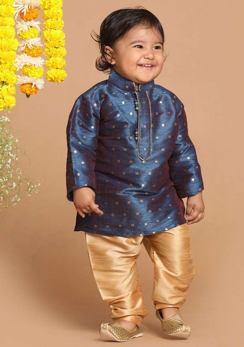 Blue Embroidered Blended Kurta Set For Boys - Indya
