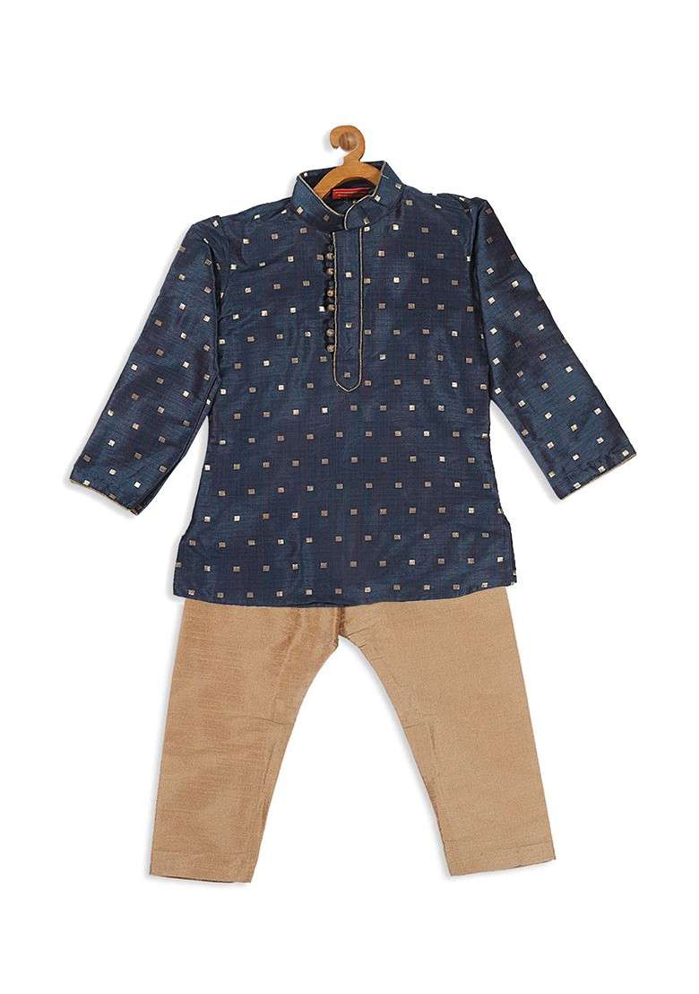 Blue Embroidered Blended Kurta Set For Boys - Indya