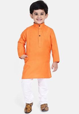 Orange Solid Blended Kurta Set For Boys