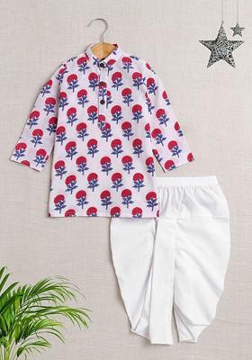 White Printed Cotton Kurta Dhoti Set For Boys
