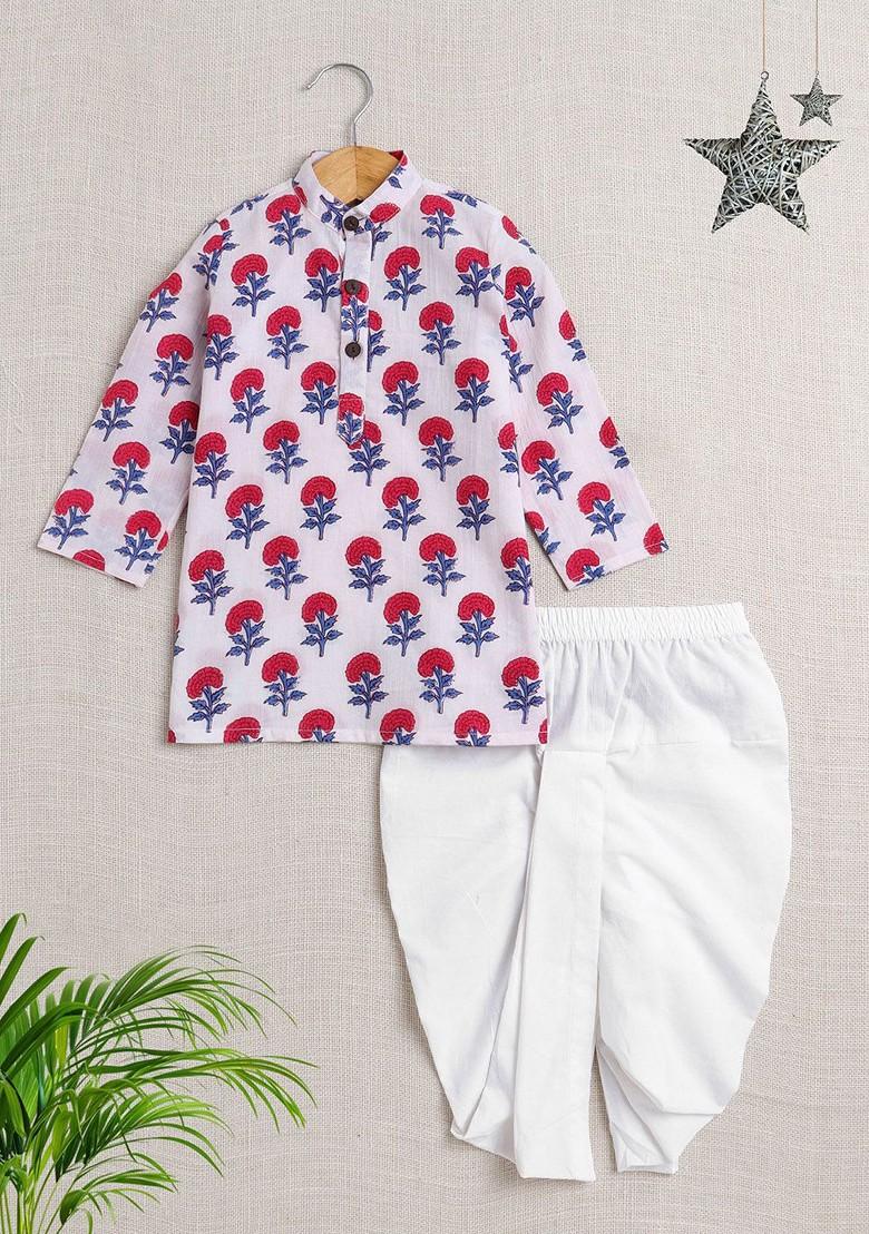 White Printed Cotton Kurta Dhoti Set For Boys - Indya