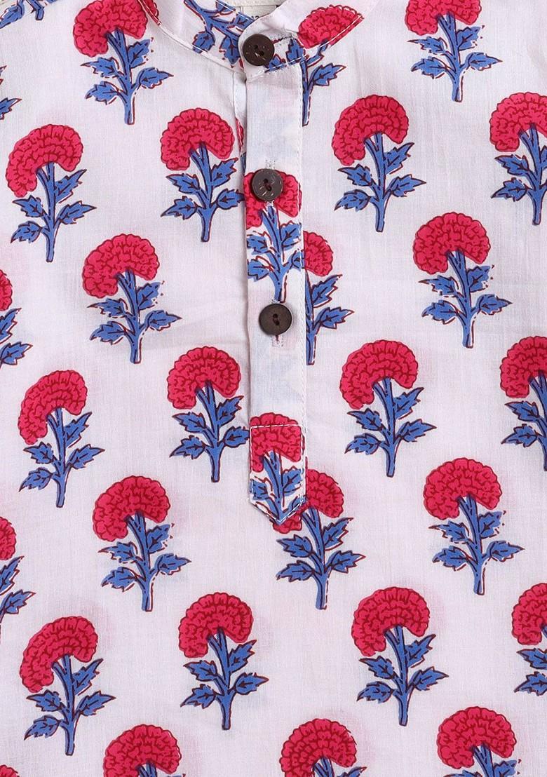 White Printed Cotton Kurta Dhoti Set For Boys - Indya