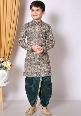 Green Embroidered Blended Kurta Dhoti Set For Boys
