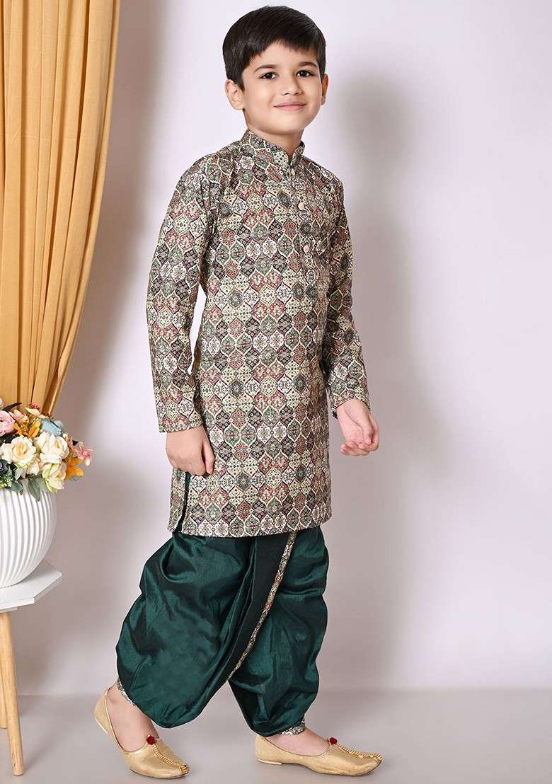 Green Embroidered Blended Kurta Dhoti Set For Boys - Indya