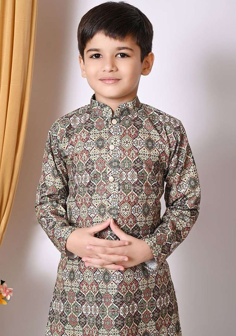 Green Embroidered Blended Kurta Dhoti Set For Boys - Indya