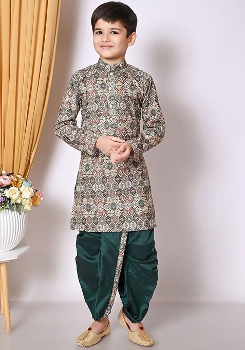 Green Embroidered Blended Kurta Dhoti Set For Boys — view on Indya