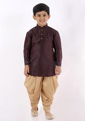 Burgundy Embroidered Blended Kurta Dhoti Set For Boys