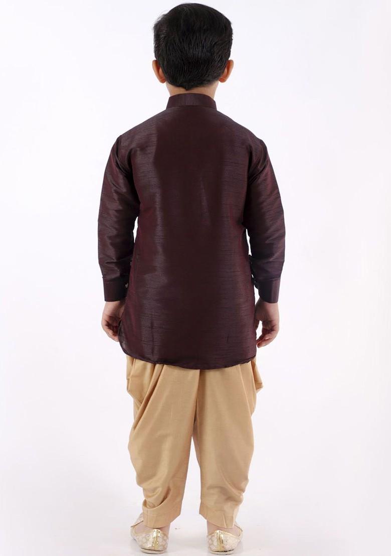 Burgundy Embroidered Blended Kurta Dhoti Set For Boys - Indya