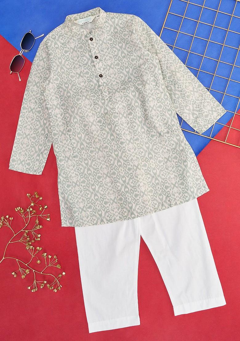 Off White Printed Cotton Kurta Set For Boys - Indya