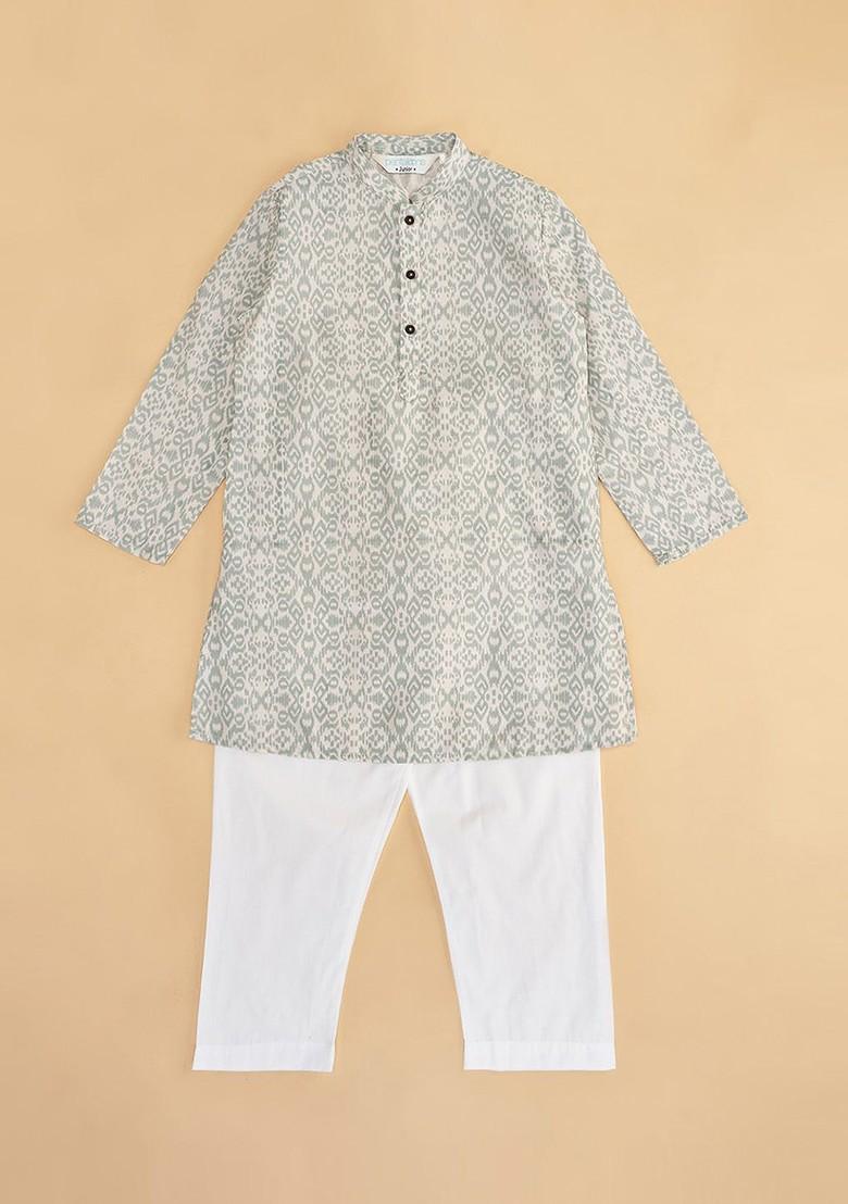 Off White Printed Cotton Kurta Set For Boys - Indya