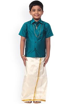 Blue Solid Blended Kurta Set For Boys