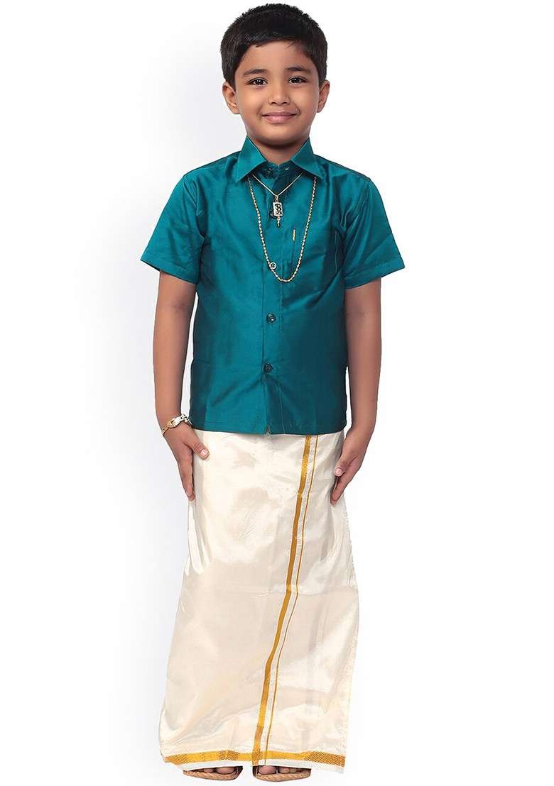 Blue Solid Blended Kurta Set For Boys - Indya