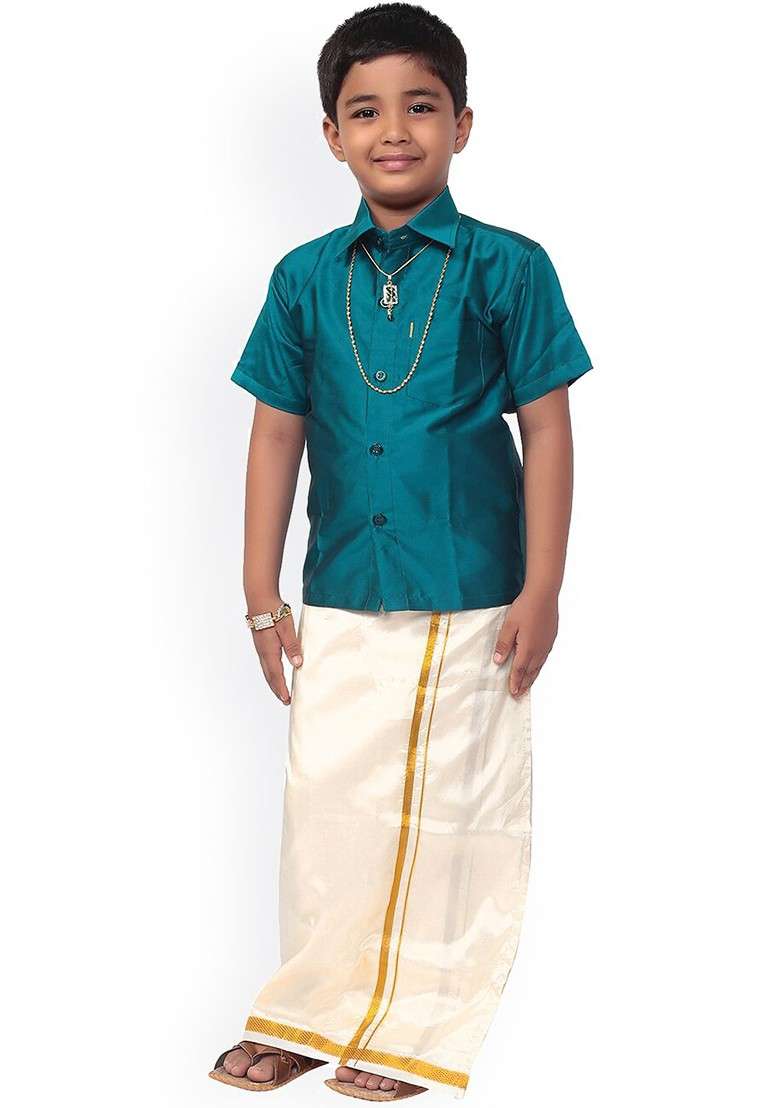Blue Solid Blended Kurta Set For Boys - Indya