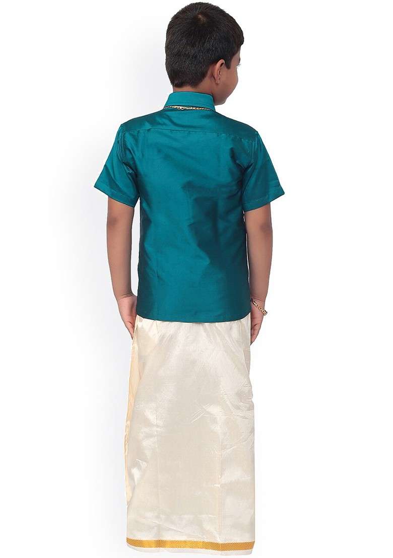 Blue Solid Blended Kurta Set For Boys - Indya