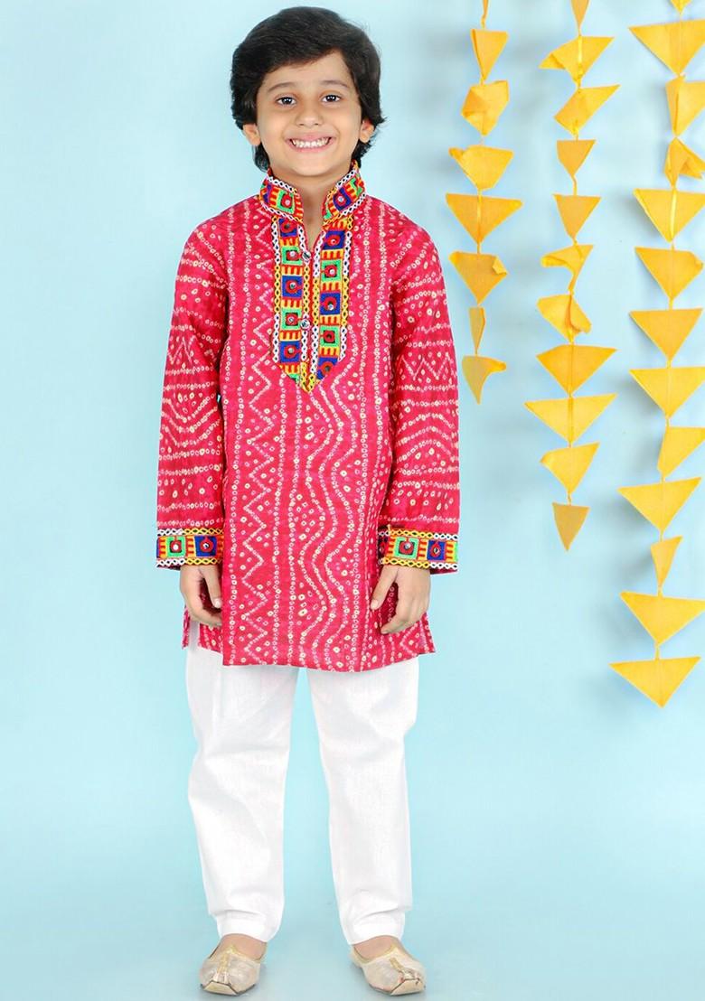 Pink Printed Cotton Kurta Set For Boys - Indya