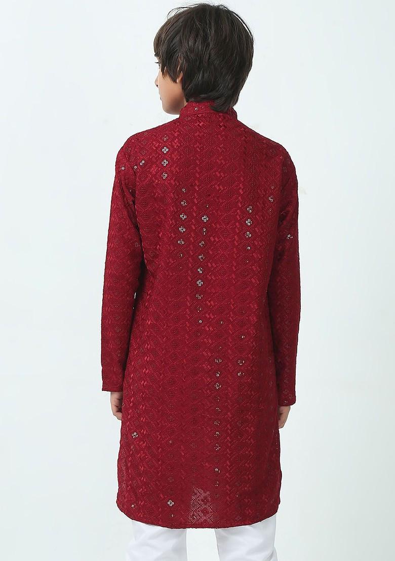 Red Embroidered Blended Kurta Set For Boys - Indya