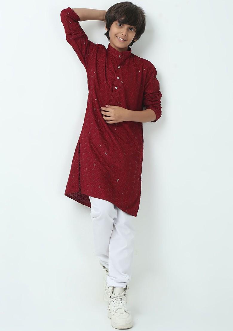 Red Embroidered Blended Kurta Set For Boys - Indya