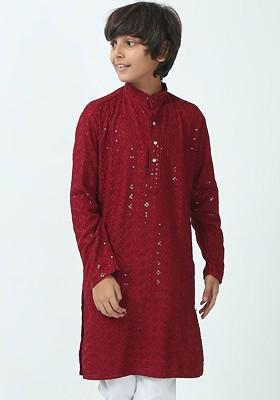 Red Embroidered Blended Kurta Set For Boys